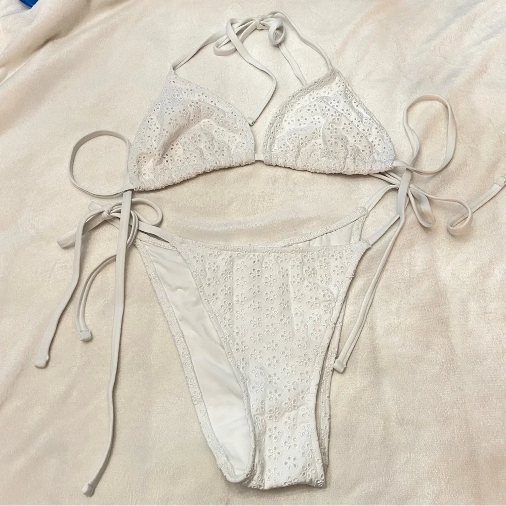 New! Frankie's Bikinis x PINK White eyelet string Bikini 3992
